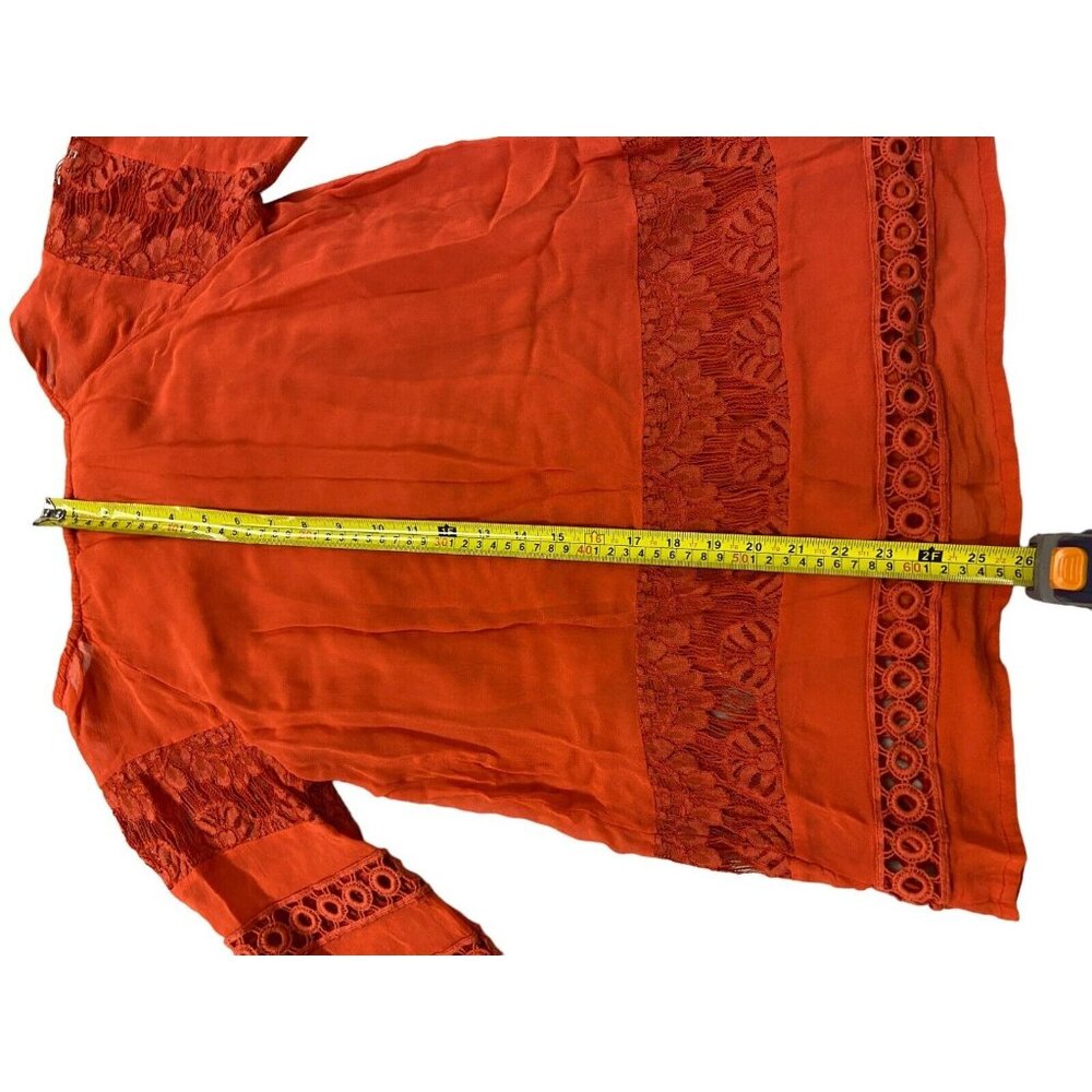 Chico's Top Womens 0 Red 3/4 Sleeve Embroidered Tunic Blouse Tie Neck Pullover - Picture 6 of 6